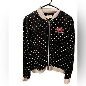 Disney Black Polka Dot Bomber Jacket with White Dots and Red Accent